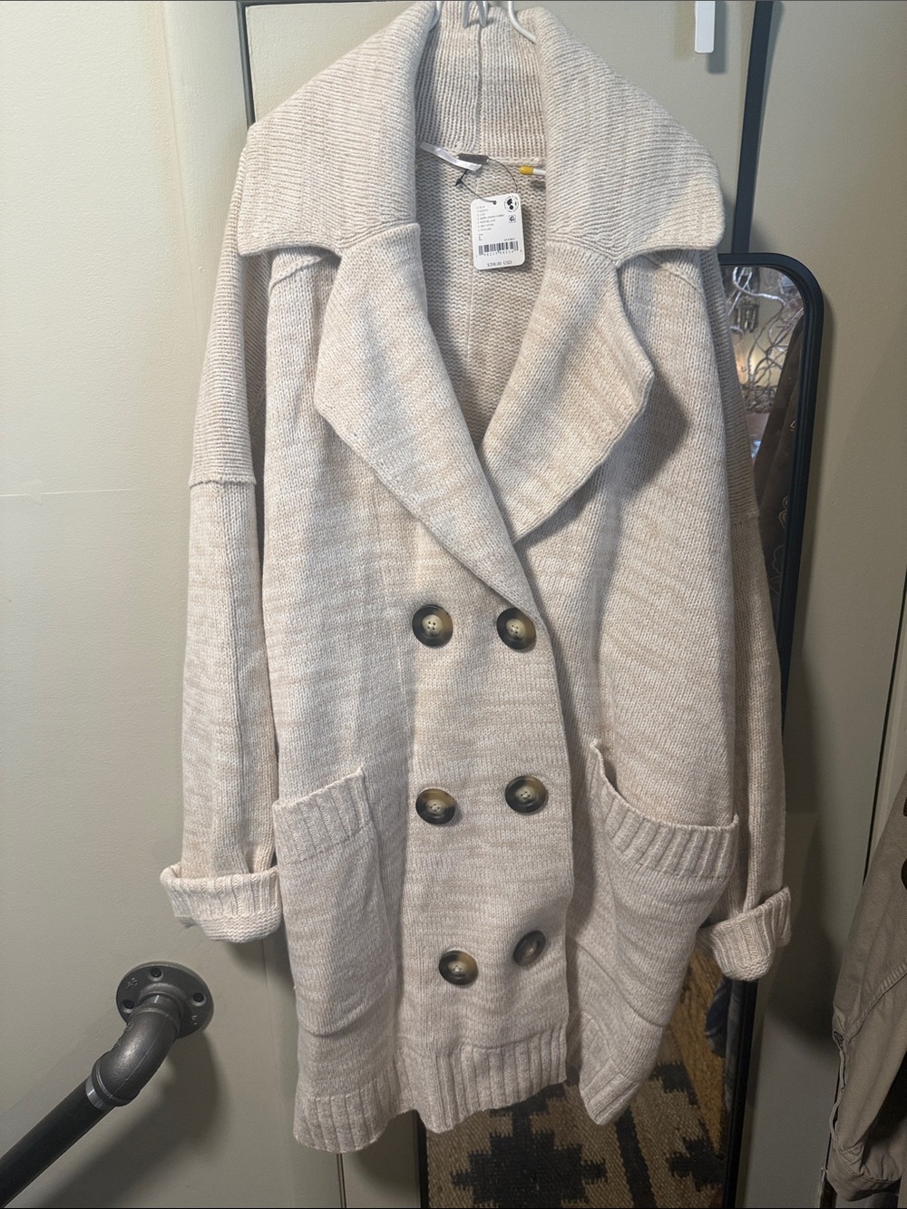 Free People Cream Double-Breasted Knit Sweater Coat